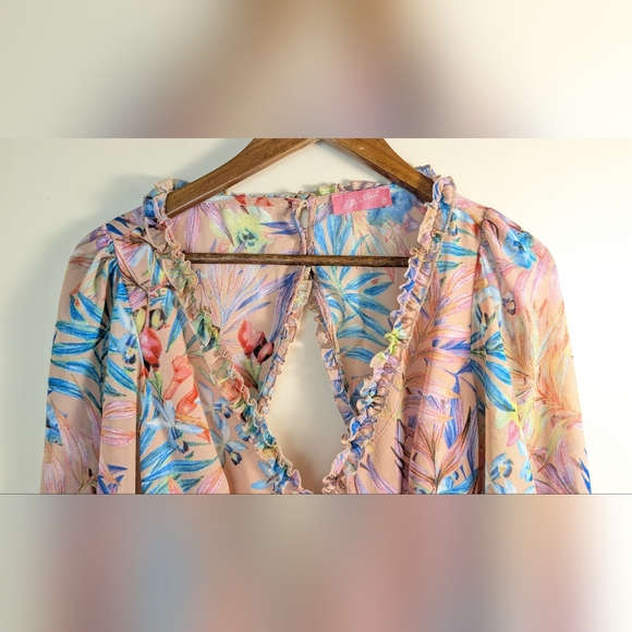 Lilly's Closet Pink Floral Open Back Sheer Sleeves Mini Dress Size M - Picture 6 of 8